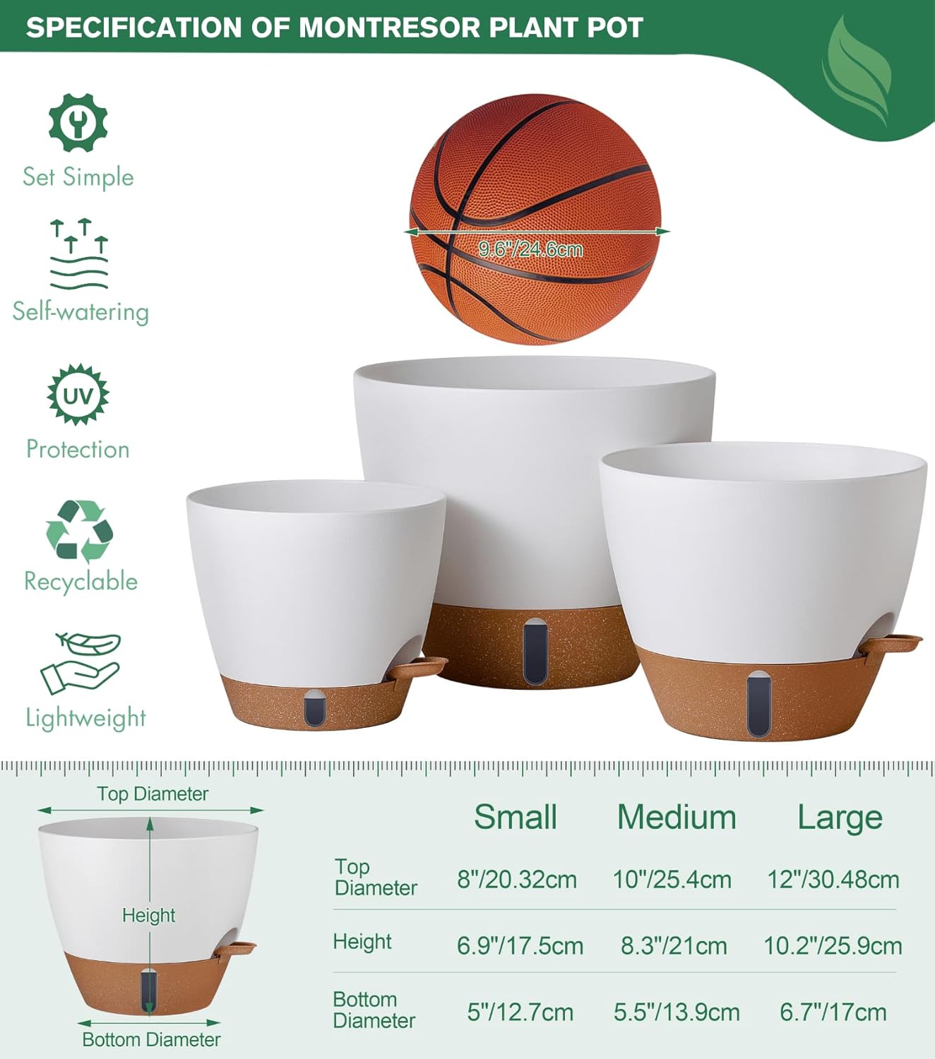 Montresor Self-Watering Pots - 12/10/8 Inch Indoor & Outdoor Planters with Water Level Window | White