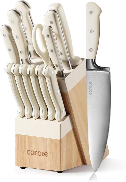 CAROTE 14-Piece Knife Set - Forged High Carbon Stainless Steel Blades | Dishwasher Safe Cutlery, Cream
