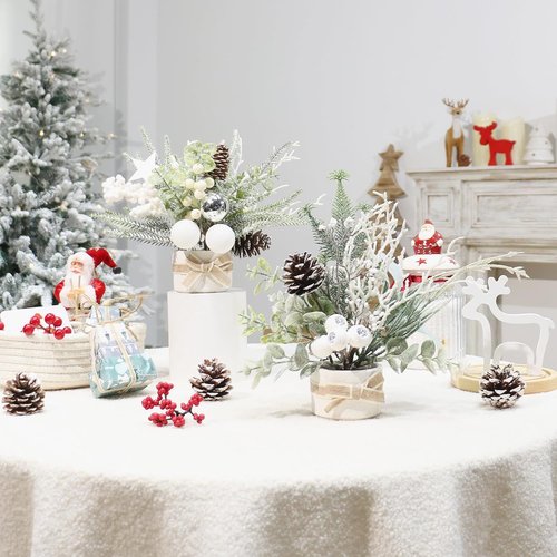 JJIALEIXI Mini Christmas Tree Set - 11" Artificial Potted Tabletop Decor for Holiday & Winter Celebrations | White/Green/Silver
