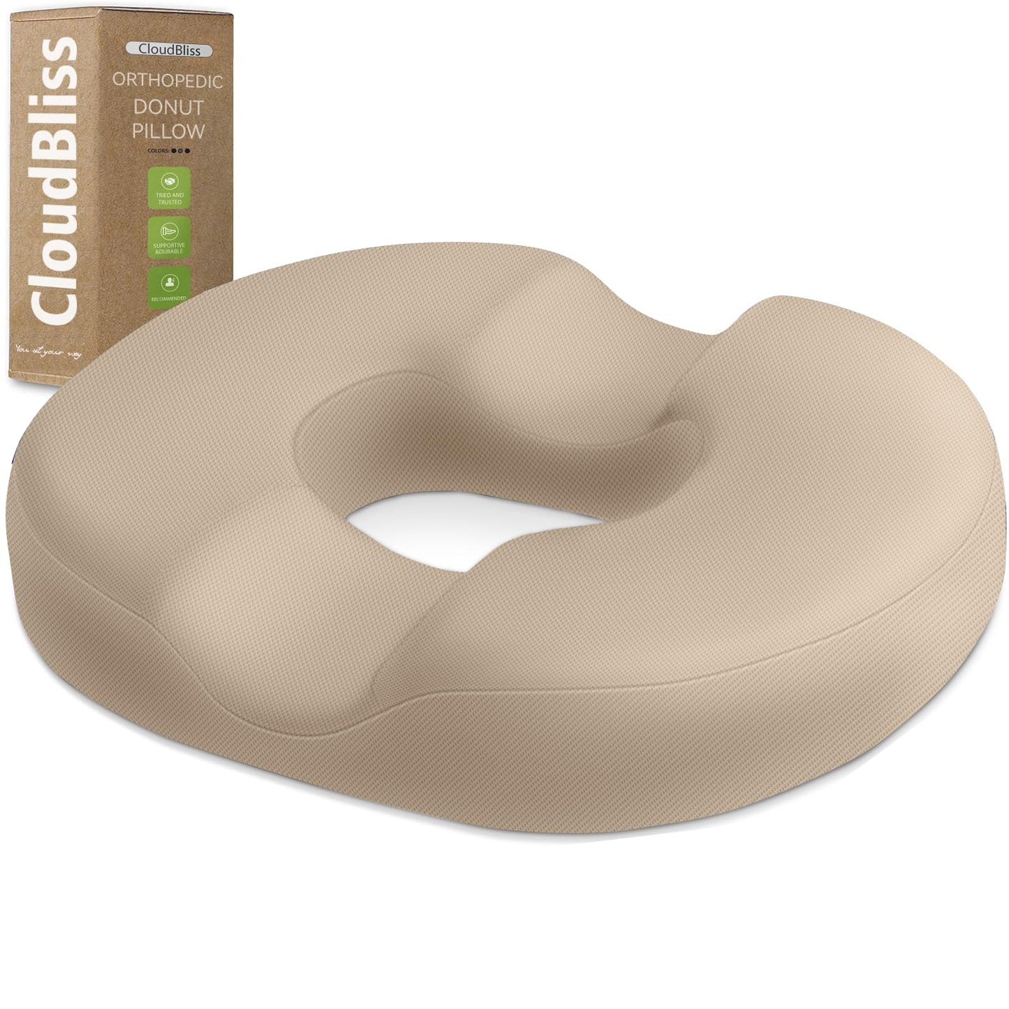 CloudBliss Donut Pillow Seat Cushion Chair Pad for Tailbone Pain Relief and Hemorrhoids, Memory Foam Seat Chair Cushion for Men and Women for Home & Office, (Khaki-XL)