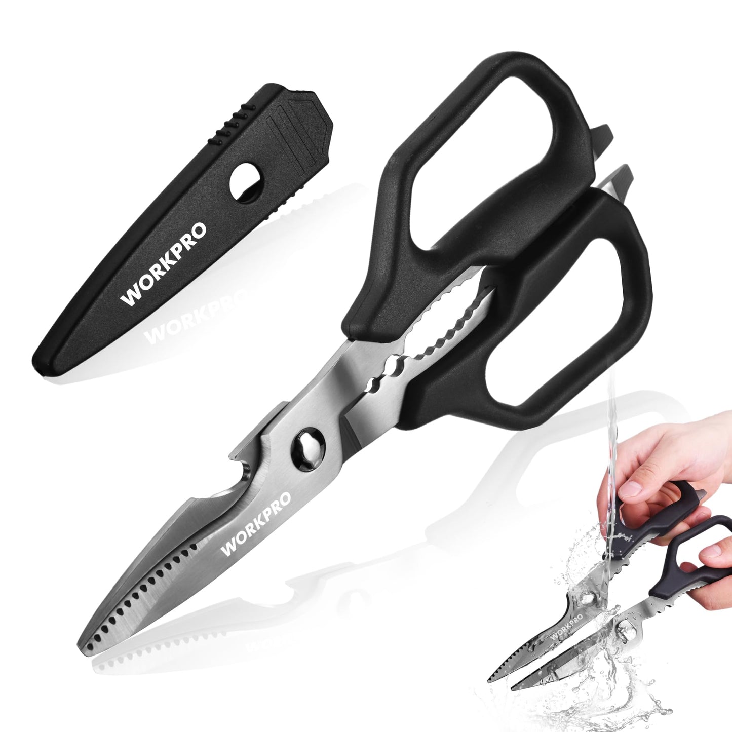 WORKPRO Kitchen Scissors, All Purpose Kitchen Shears with Detachable Titanium Coated Blades for Easy Cleaning, Heavy Duty Scissors for Meat, Fish, Nuts, Vegetables, Protective Cover Included