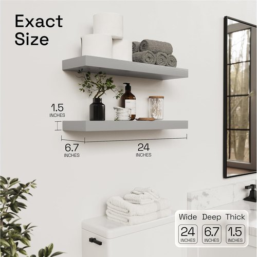 BAOBAB WORKSHOP Wood Floating Shelves - Rustic 24-Inch Grey Solid Wood Wall Shelves | Set of 2 for Home Decor