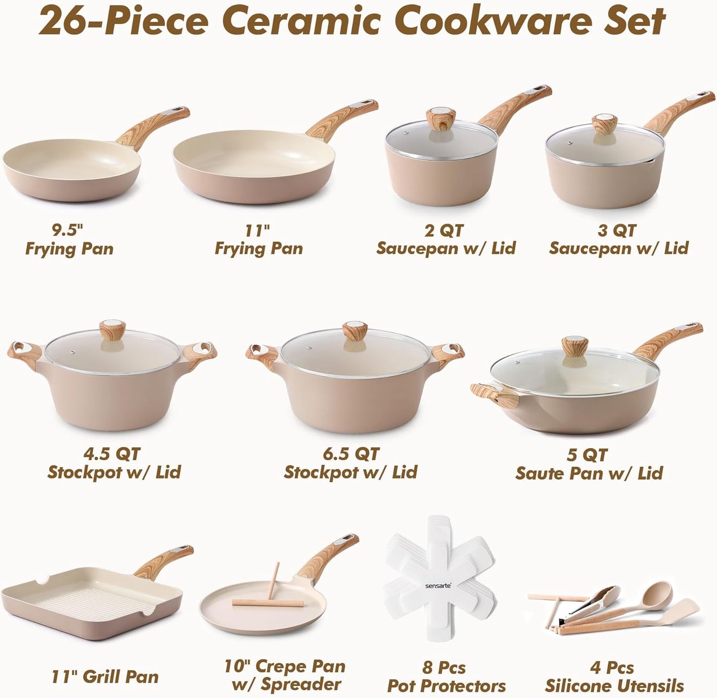SENSARTE Nonstick Ceramic Cookware Set - 26 Pcs Healthy Induction Pots & Pans for Effortless Cooking