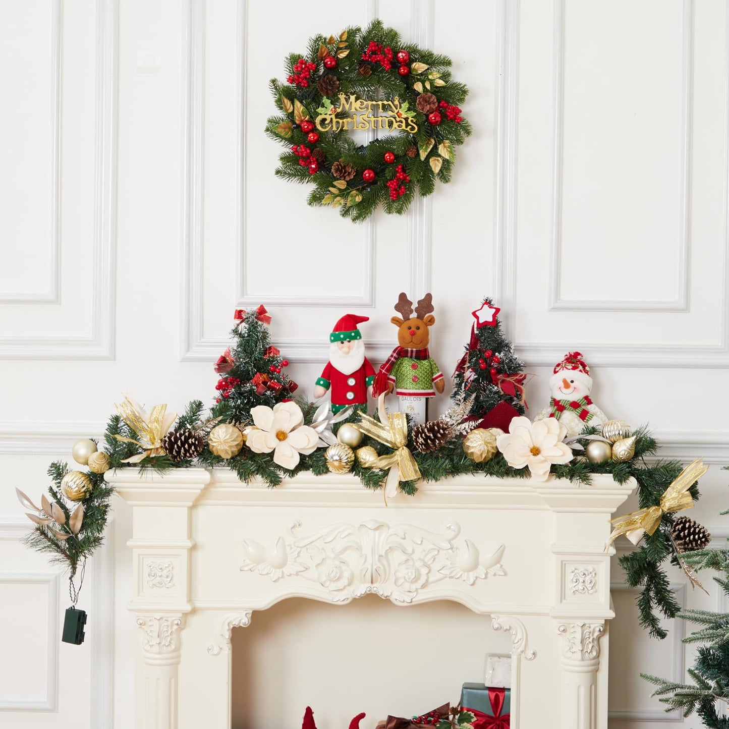 Christmas Garland with Lights, 6ft Prelit Outdoor Christmas Garland with Timer 20 LED Lights Pinecones Rose Gold Ball Ornaments for Mantle Fireplace Stairs Railing Indoor Decorations, Battery Operated