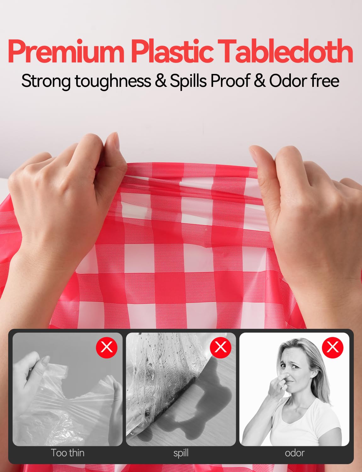 KAshack 54 in X 98.4 Ft Plastic table cloth Roll disposable Red and White Gingham Tablecloth with Slide Cutter Box for rectangle round Tables,Picnic,Camping,Party,Happy Birthdays,[with Fixed stickers]