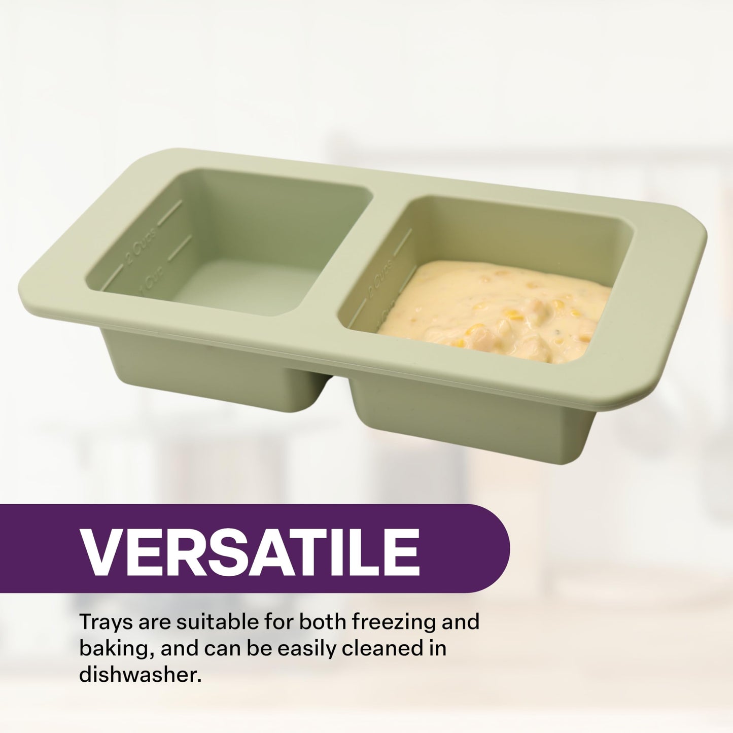Silicone Freezer Tray with Clear Lid, 2 Compartments with 2 Cup Capacity Each, Large Ice Cube Molds, Microwave and Dishwasher Safe, for Freezing Soup, Sauce, Broth, etc. Sage Green