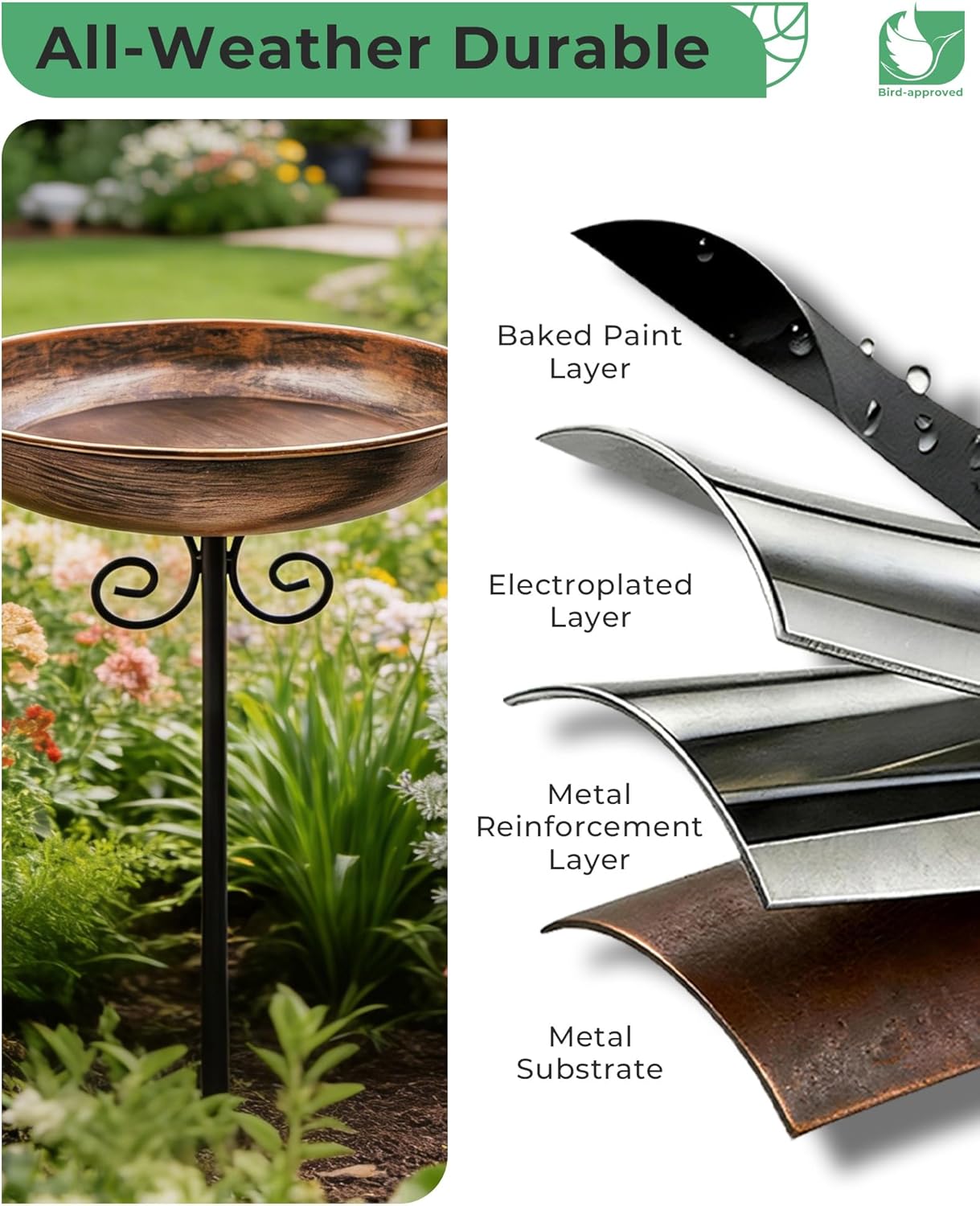 Small Metal Bird Bath - 10" Dia Bowl with Stake | Outdoor Garden Yard Decor, 0.4 Gallon