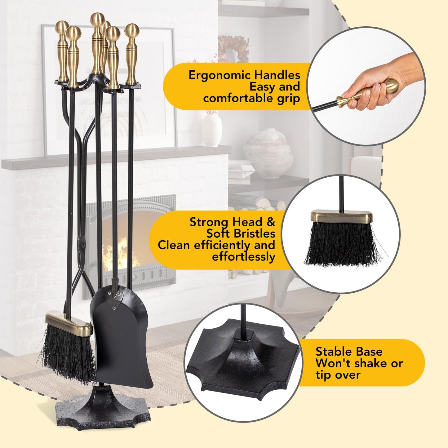 nalone 5 Pieces Fireplace Tools Set, Brass Handles Wrought Iron Fireplace Accessories Set with Poker, Tong, Shovel, Brush, Fire Place Tools Indoor Outdoor (Antique Bronze)