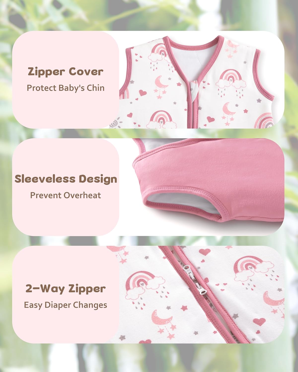 Rayon Made from Bamboo Baby Sleep Sack - Soft 1.0 Tog Wearable Blanket for Infants | 2-Pack Pink Rainbow, 6-12 Months