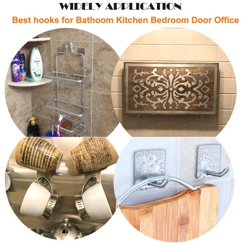 Heavy Duty Adhesive Towel Hooks Stick on Towel Hanger Wall Holder Waterproof Stainless Steel Sticky Hooks for Hanging Bathroom Kitchen Home-4 Packs