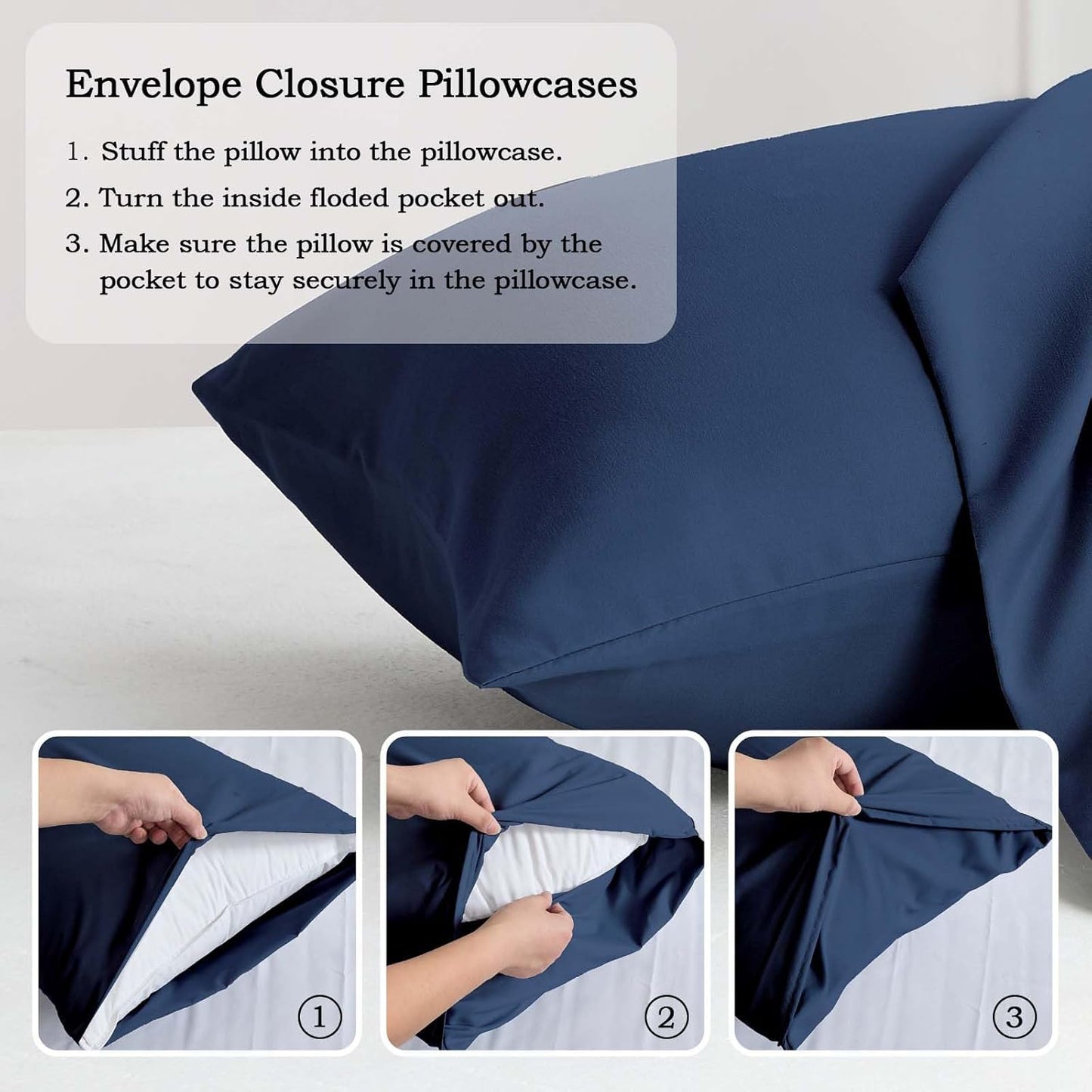 Q&J Fabric Co. Standard Size Pillow Cases - Soft Brushed Microfiber, Wrinkle-Free, Navy Blue (Set of 2, 20x26'')