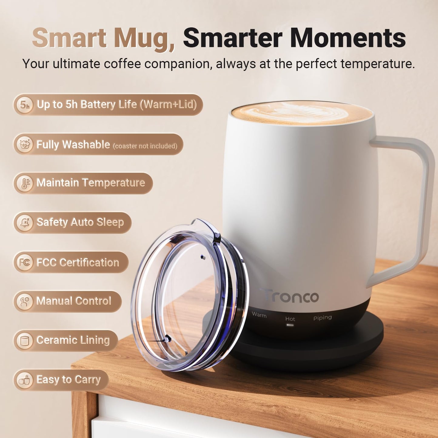 Tronco Temperature Control Heated Coffee Mug 14 oz – Rechargeable Self-Heating Coffee Cup with Lid – Manual Control, 3 Modes, 130 Min Battery Life, Auto Shut-Off (Rose)