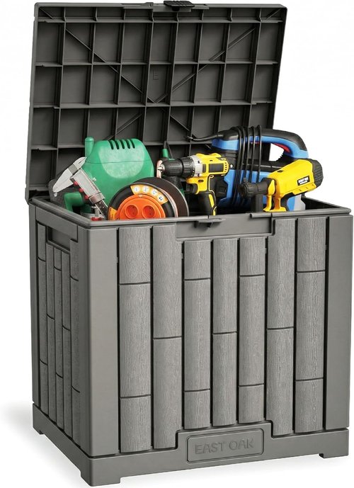 EAST OAK Outdoor Storage Box - 31 Gallon Waterproof Resin Bin for Cushions & Tools | Lockable, UV Resistant, Grey