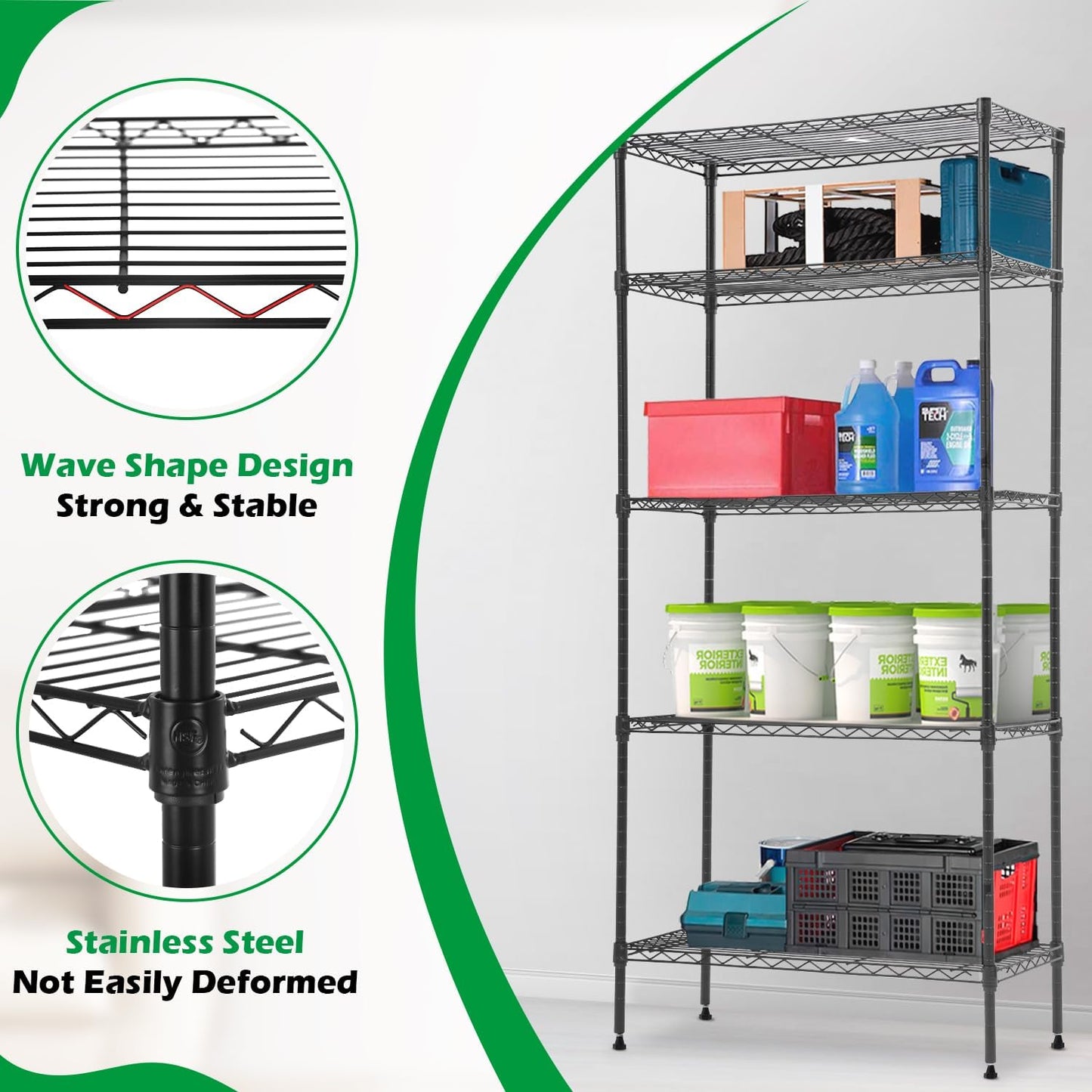 PayLessHere 5-Tier Wire Shelf with Wheels - Adjustable Heavy-Duty Storage Rack | Black | 14"x30"x60" | Rust-Resistant, Easy No-Tool Assembly