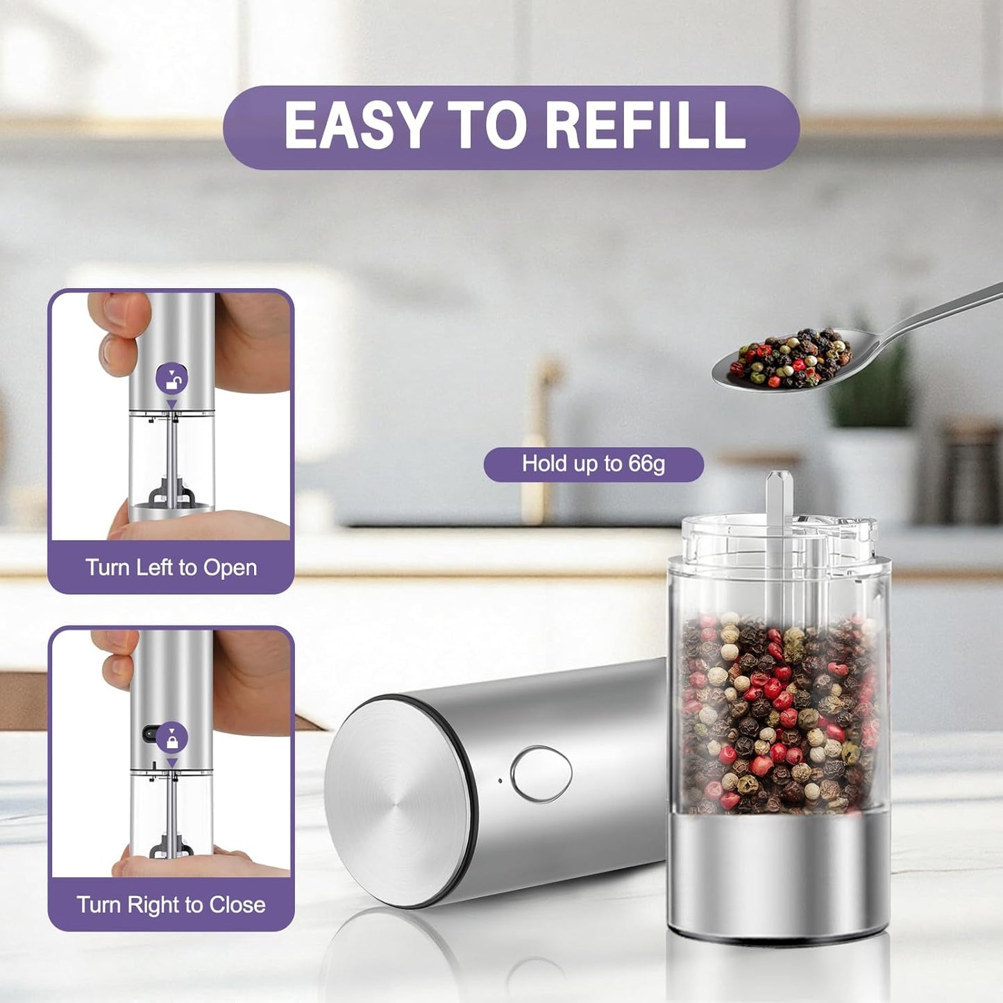 Skiennix Electric Salt and Pepper Grinder Set - Automatic Mill with LED Light & Adjustable Coarseness - Rechargeable Black & Sea Salt