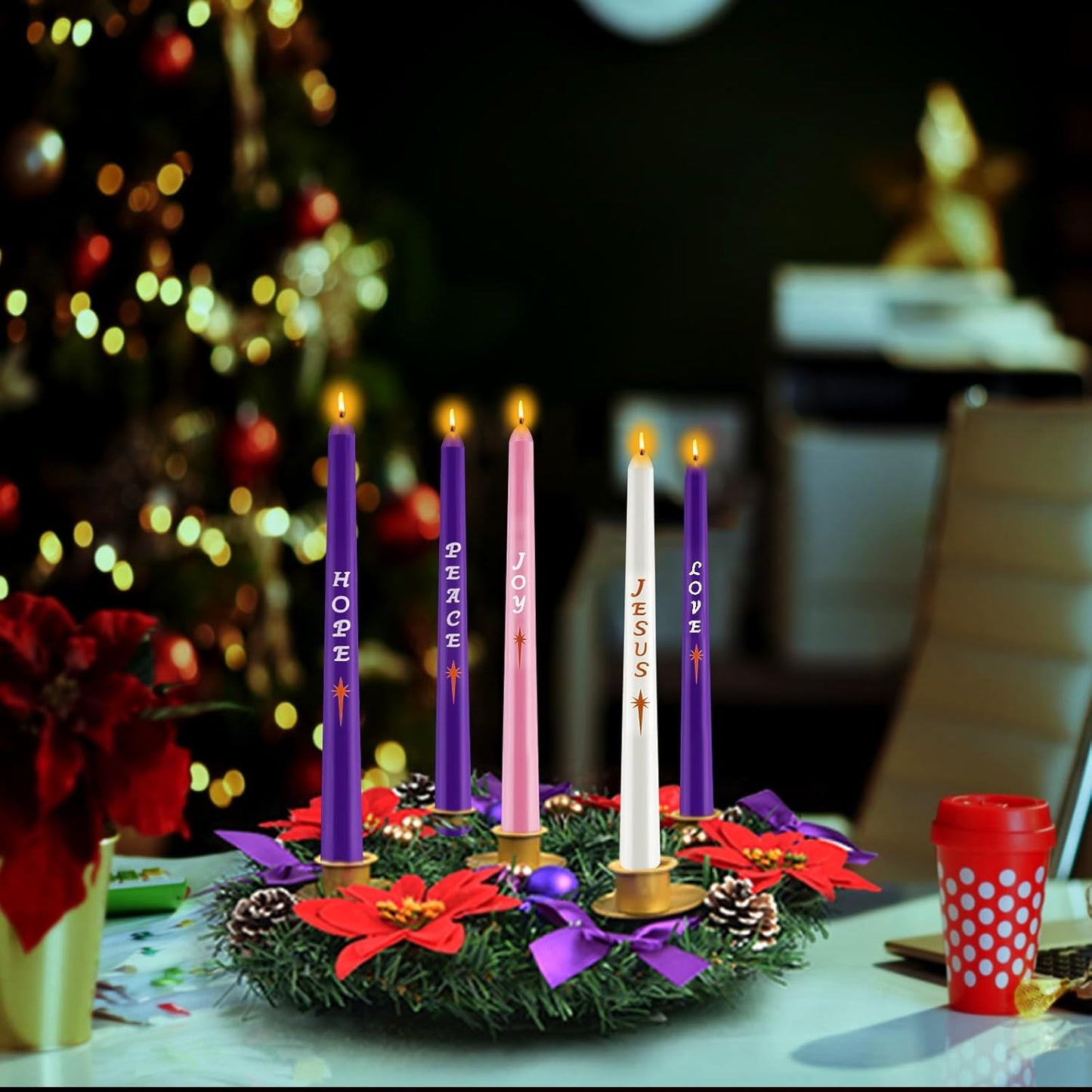 Skiennix 12-Inch Christmas Advent Wreath - 5 Candle Holder Set with Fire Retardant Metal Cups for Indoor Decor