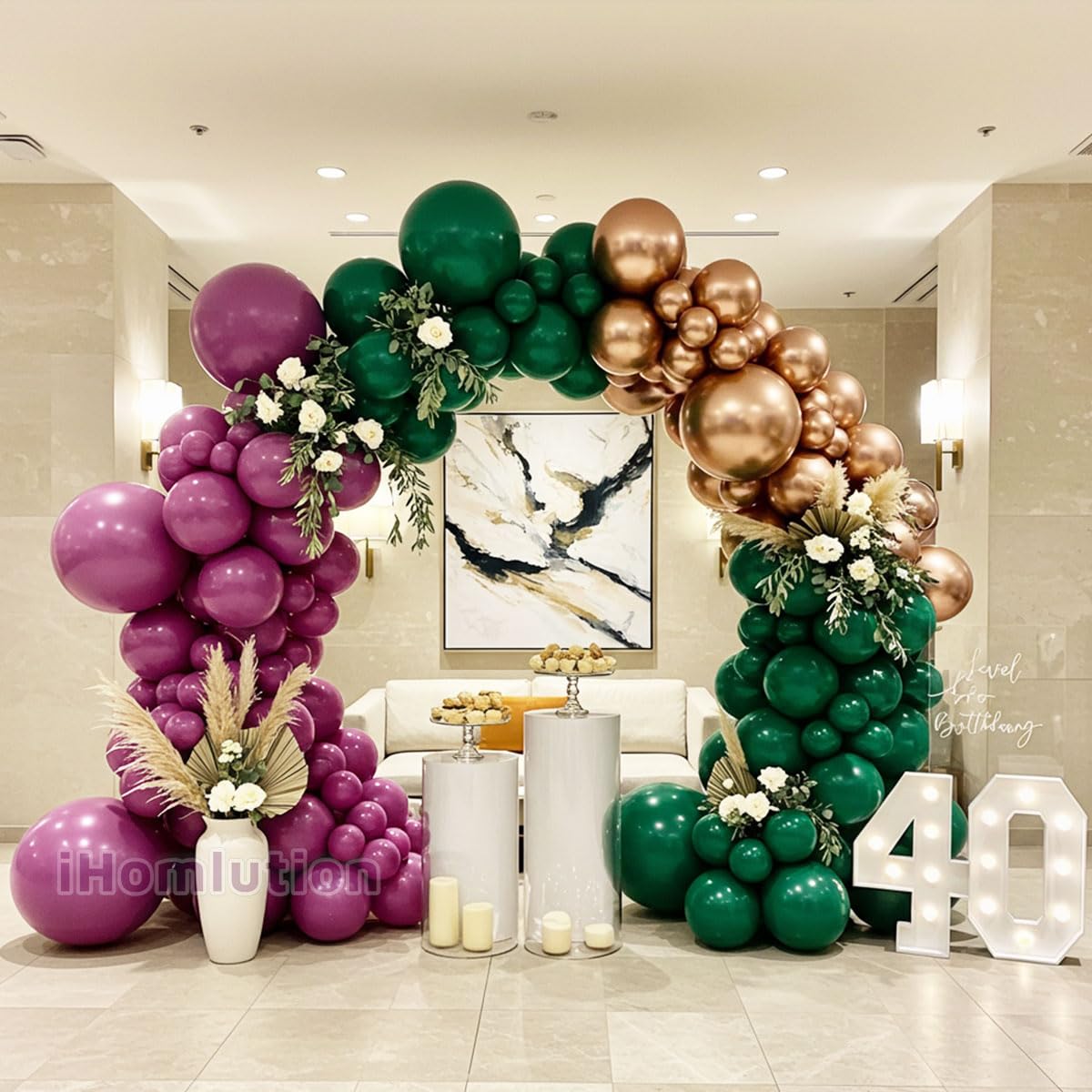 Purple Green and Champagne Gold Balloon Arch Kit – Double Stuffed Plum, Emerald, Hunter Green, and Metallic Champagne Balloons for Mardi Gras, Wedding, Birthday, Fall Party, Baby Shower
