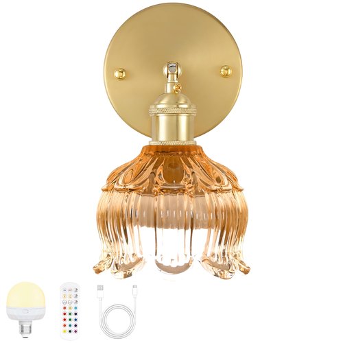 Battery Operated Wall Sconce with Remote Control,Vintage Wall Lamp with Flower lampshade,Rechargeable Battery Powered Wall Lights with 15 Colors for Beside Bedroom Living Room Doorway,Flower Amber