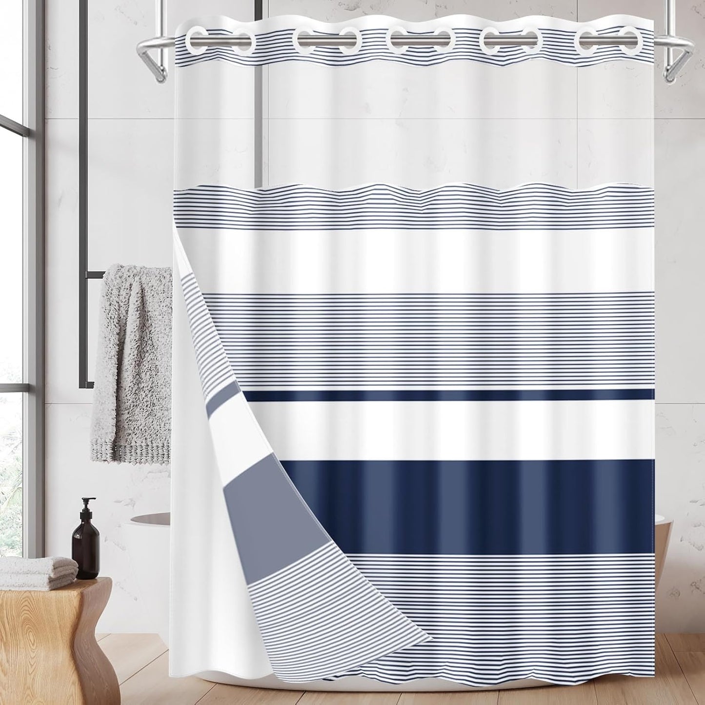 No Hook Navy Blue Shower Curtain - Boho Striped Waterproof Fabric with Snap-In Liner | 71x74 Inch