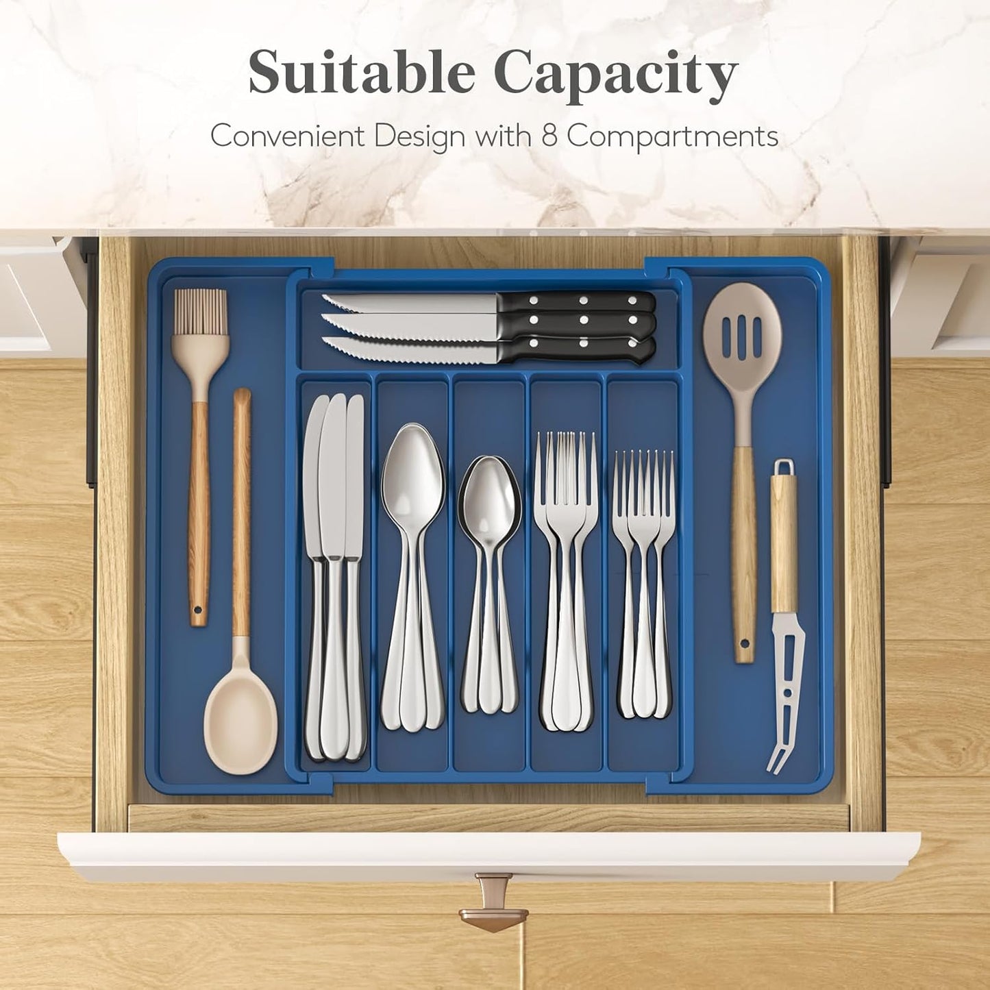 Lifewit Expandable Silverware Drawer Organizer - BPA-Free Utensil Tray for Kitchen | Adjustable 10.9"-17.5" x 13.7" - Dark Blue