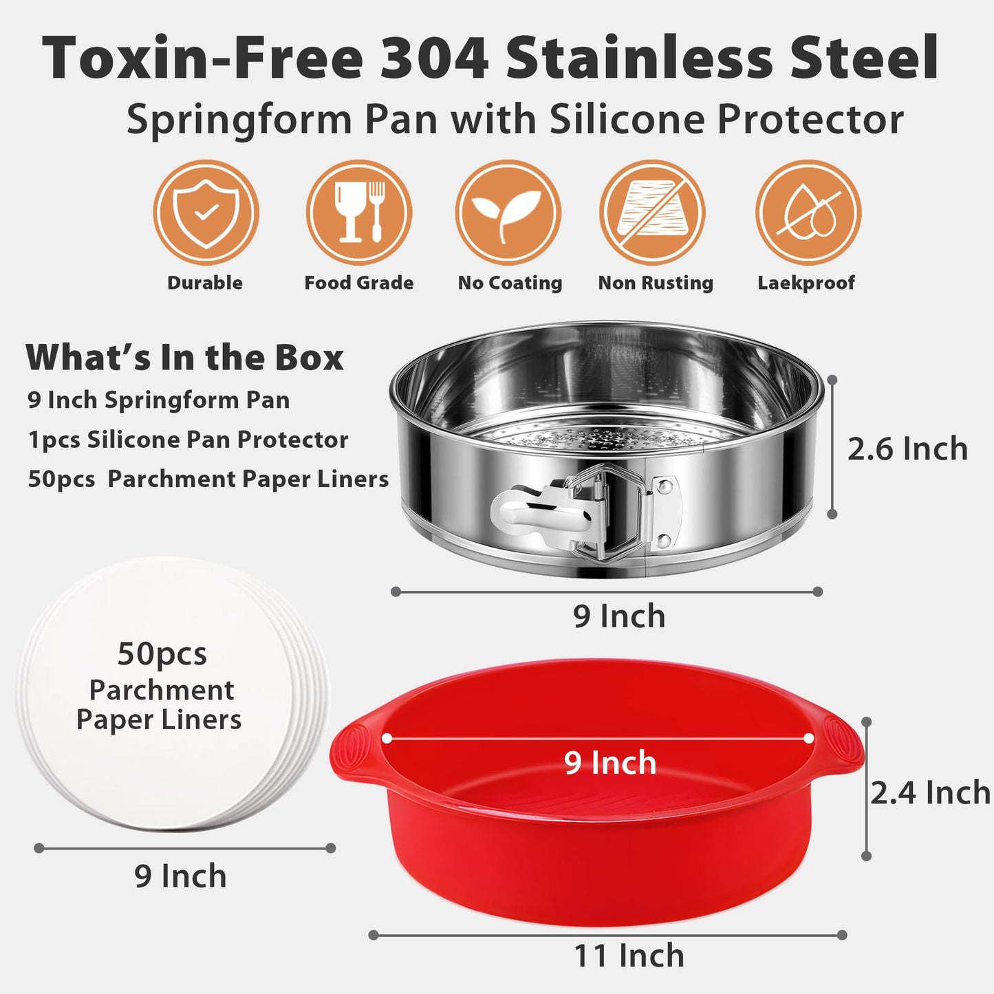 Stainless Steel Springform Pan 9 Inch Nonstick, Leakproof Spring Form Pan for Cheesecake, Cheesecake Pan with Protector, Cheese Cake Pans for Baking, 9 Inch Springform Pan with 50Pcs Parchment Paper