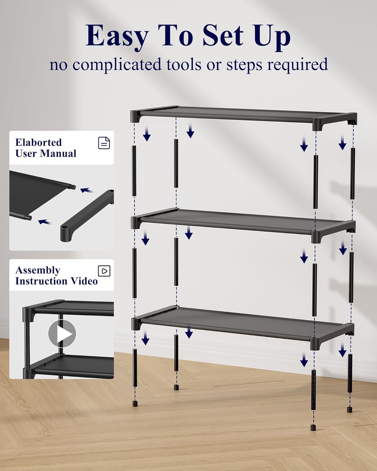 Kitsure Shoe Rack - Stackable Non-Woven Shoe Organizer for Closet & Entryway | 3-Tier, 27.5" Wide, Black