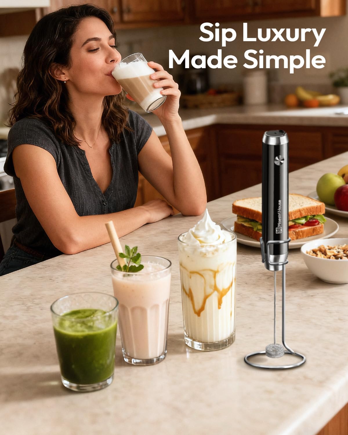 Maestri House Rechargeable Milk Frother - Handheld Electric Foam Maker with Detachable Stainless Steel Whisk for Lattes & Cappuccinos