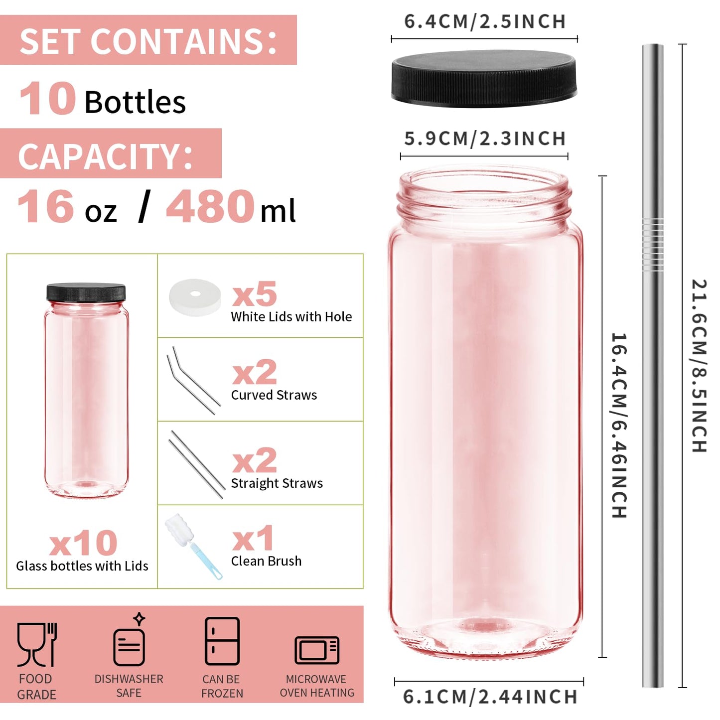 Ruckae Pink 16oz 10 Pack Juice Bottles, Glass Bottles Juicing with Lids, Smoothie Cup Lids and Straws, Water Bottle Mason Jar Drinking Glasses for Juicing, Smoothies, Kombucha
