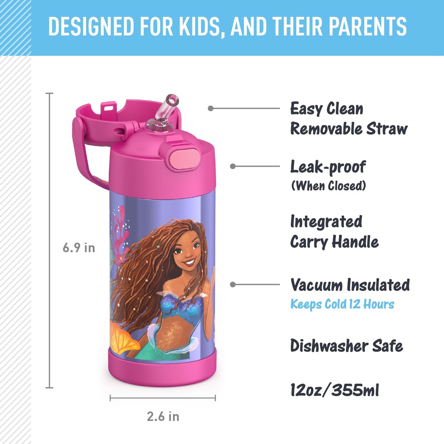 THERMOS FUNTAINER 12 Ounce Stainless Steel Vacuum Insulated Kids Straw Bottle, LITTLE MERMAID