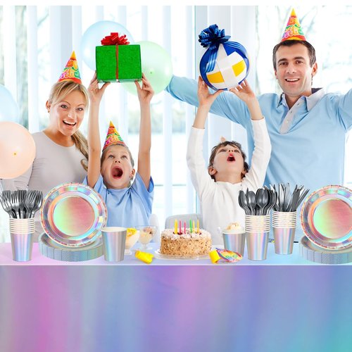 Iridescent Party Decorations,132 Pcs Disposable Iridescent Party Plates Cups Knives Spoons Forks for Party Supplies Birthday Wedding Outdoor Picnic,Disposable Plastic Tablecloths for Home Dinner Decor