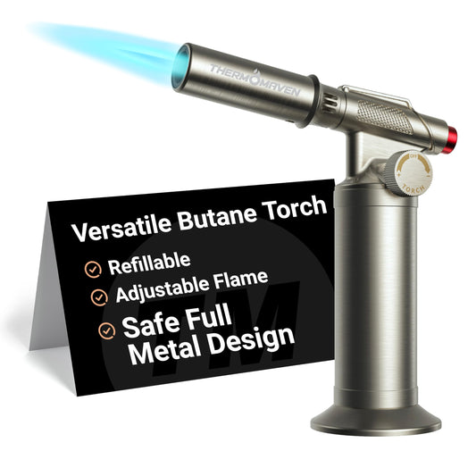 ThermoMaven Metal Butane Torch, Kitchen Torch Lighter, Refillable Cooking Blow Torch, Fit All Butane Tanks with Adjustable Flame for Culinary Food, Brulee, Baking, Soldering, DIY (Fuel Not Included)
