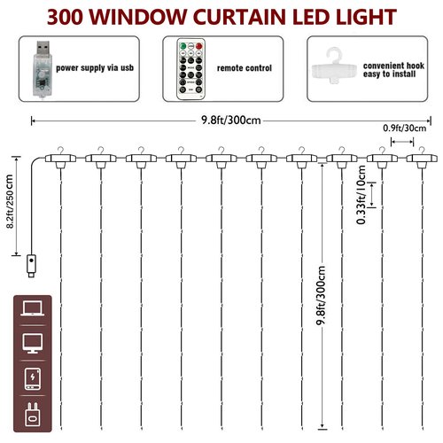 HOME LIGHTING Window Curtain String Lights, 300 LED 8 Lighting Modes Fairy Copper Light with Remote, USB Powered Waterproof for Christmas Bedroom Party Wedding Home Garden Wall Decorations, Cool White