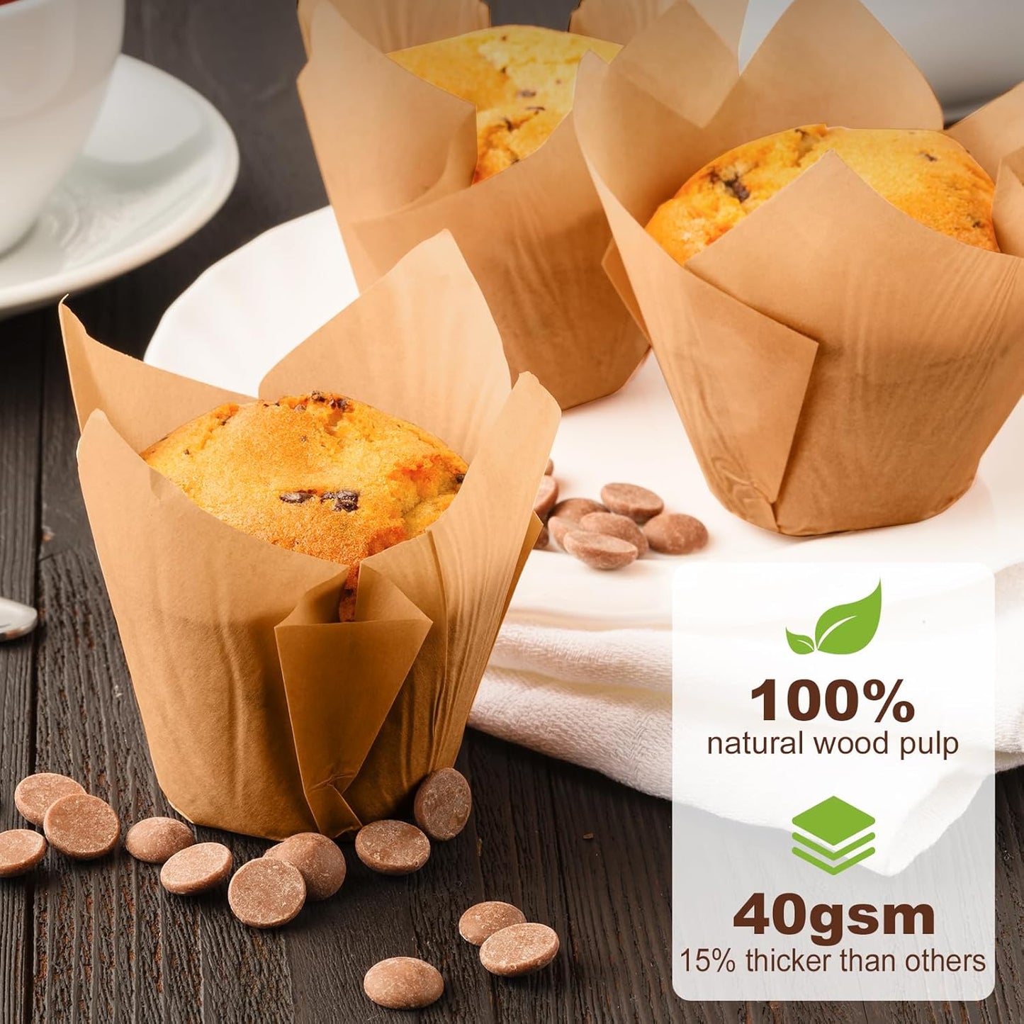 Natural Tulip Cupcake Liners - Unbleached Parchment Paper Muffin Wrappers | 200 Greaseproof Cups for Parties