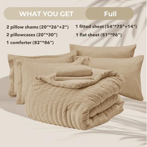 HYMOKEGE Comforter Set - Luxury 7-Piece All-Season Bedding in Khaki | Seersucker Design with Sheets & Pillowcases