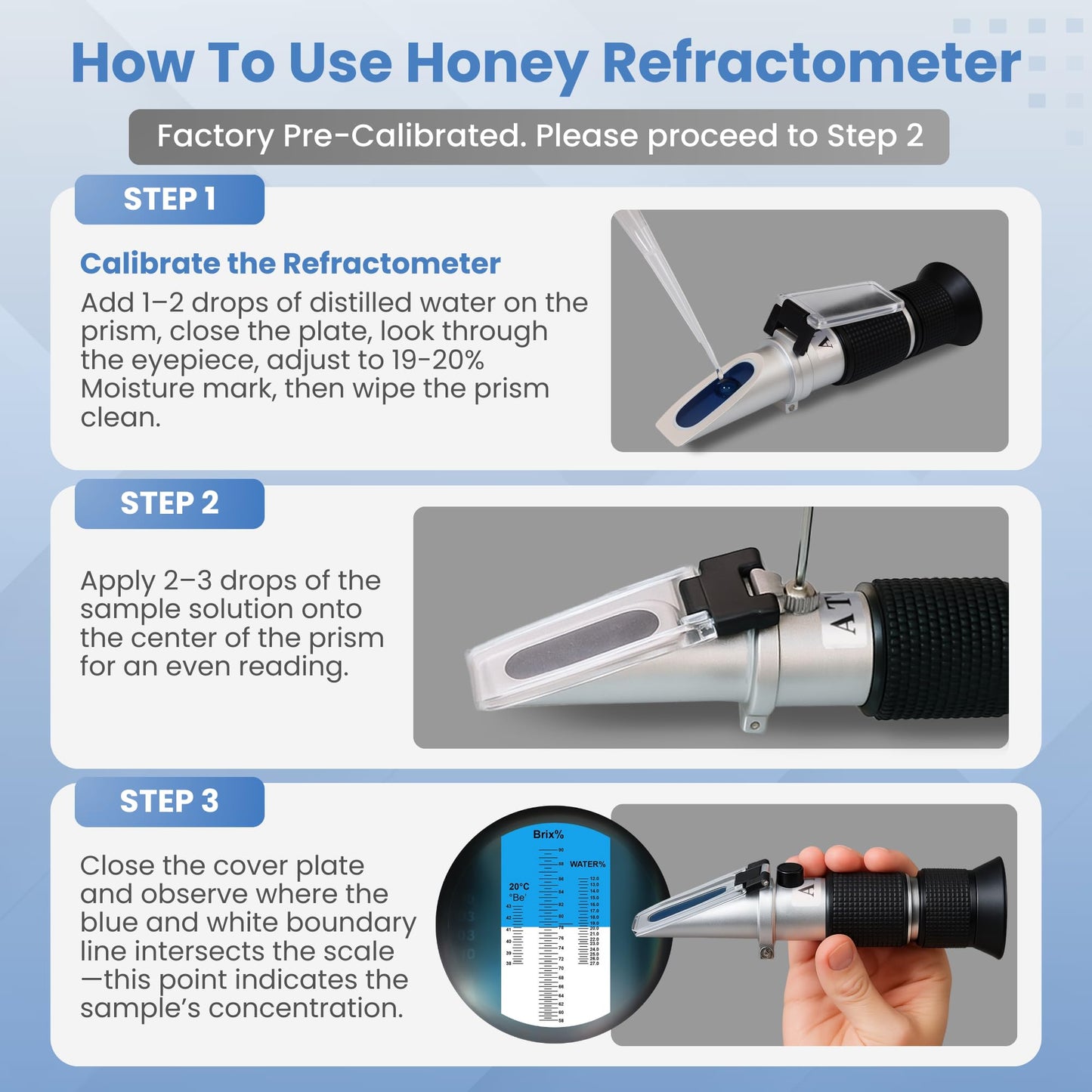 3-in-1 Honey Refractometer with ATC – Brix 58-90%, Baume 38-43%, Moisture 12-27% – Easy to Calibrate, Reliable, and Accurate Tester for Honey, Maple Syrup, Molasses, and More – Ideal for Beekeepers