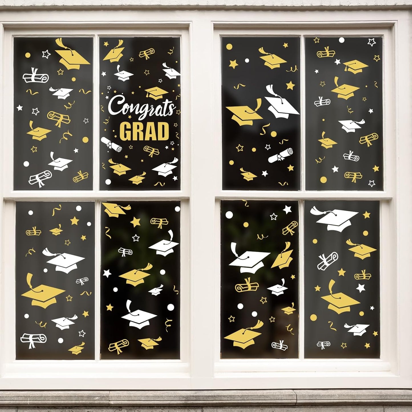 Whaline Graduation Window Clings - 236 Pcs Double-Sided White & Gold Cap Decor for Home & Office