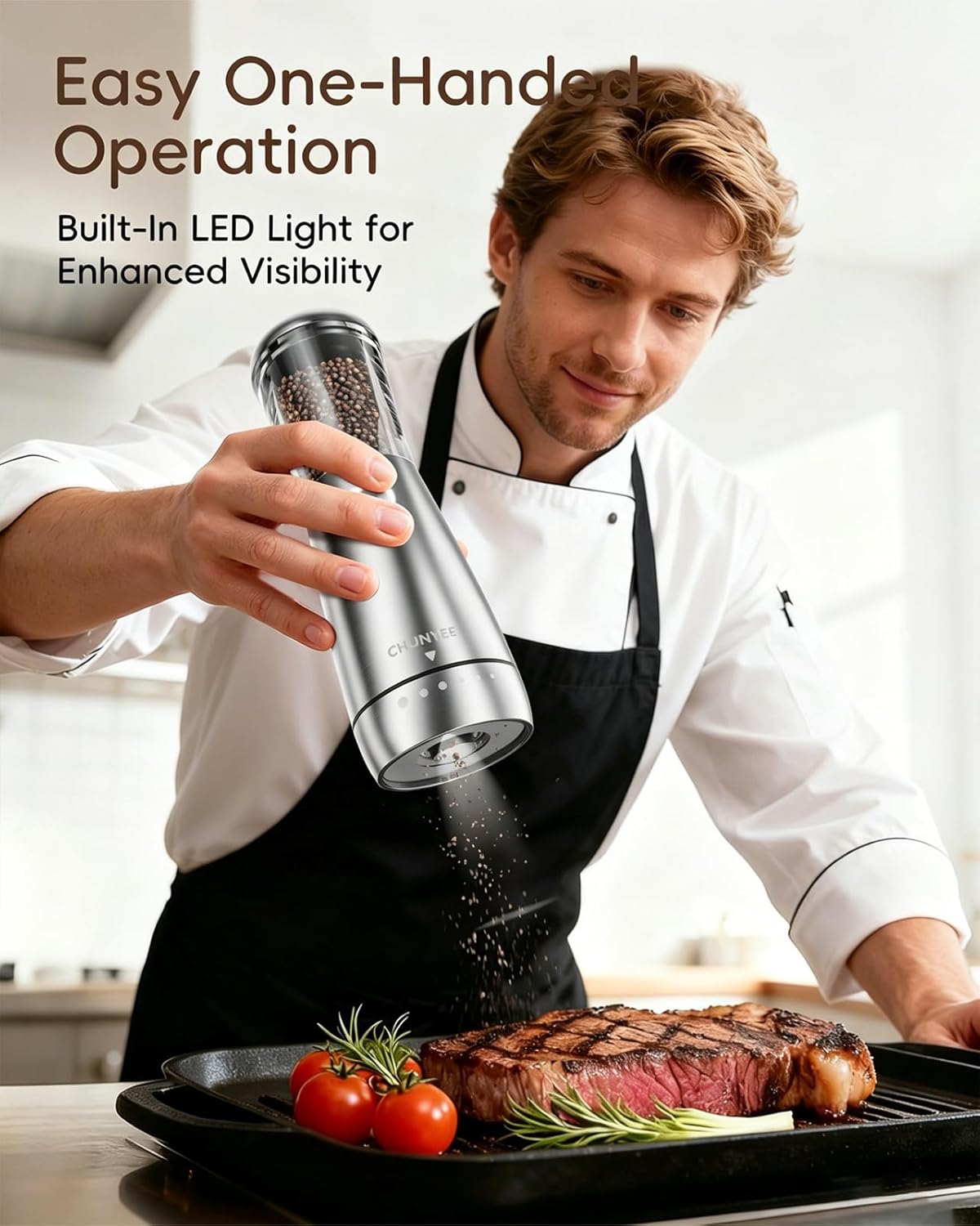 Skiennix Electric Salt and Pepper Grinder Set - Automatic Stainless Steel with LED Light & Adjustable Coarseness