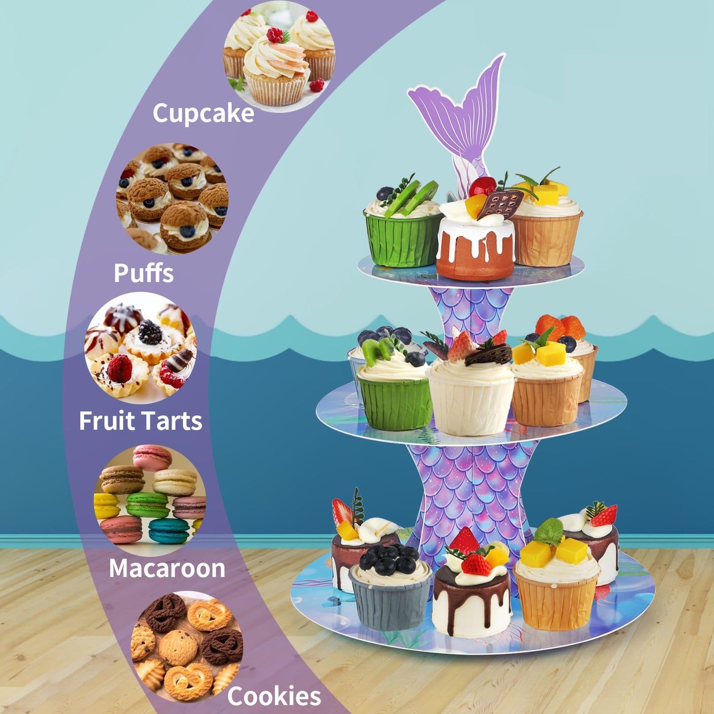 WINKIO Mermaid Cupcake Stand, Little Mermaid Birthday Party Decorations Supplies Favor Under the Sea Theme Cupcake Tower Holder for Girls Kids(1 Pack)