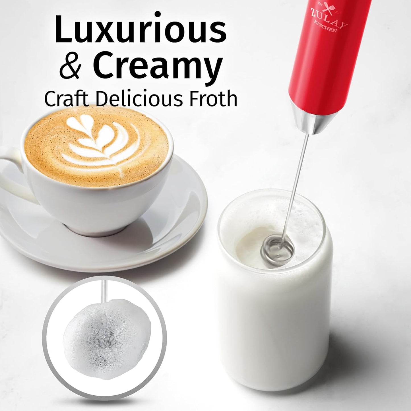 Zulay Kitchen Rechargeable Milk Frother - Powerful 2-Speed Motor & Waterproof Design | 2000mAh Battery - Scarlet Color for Lattes, Cappuccinos, Matcha & Protein Powder