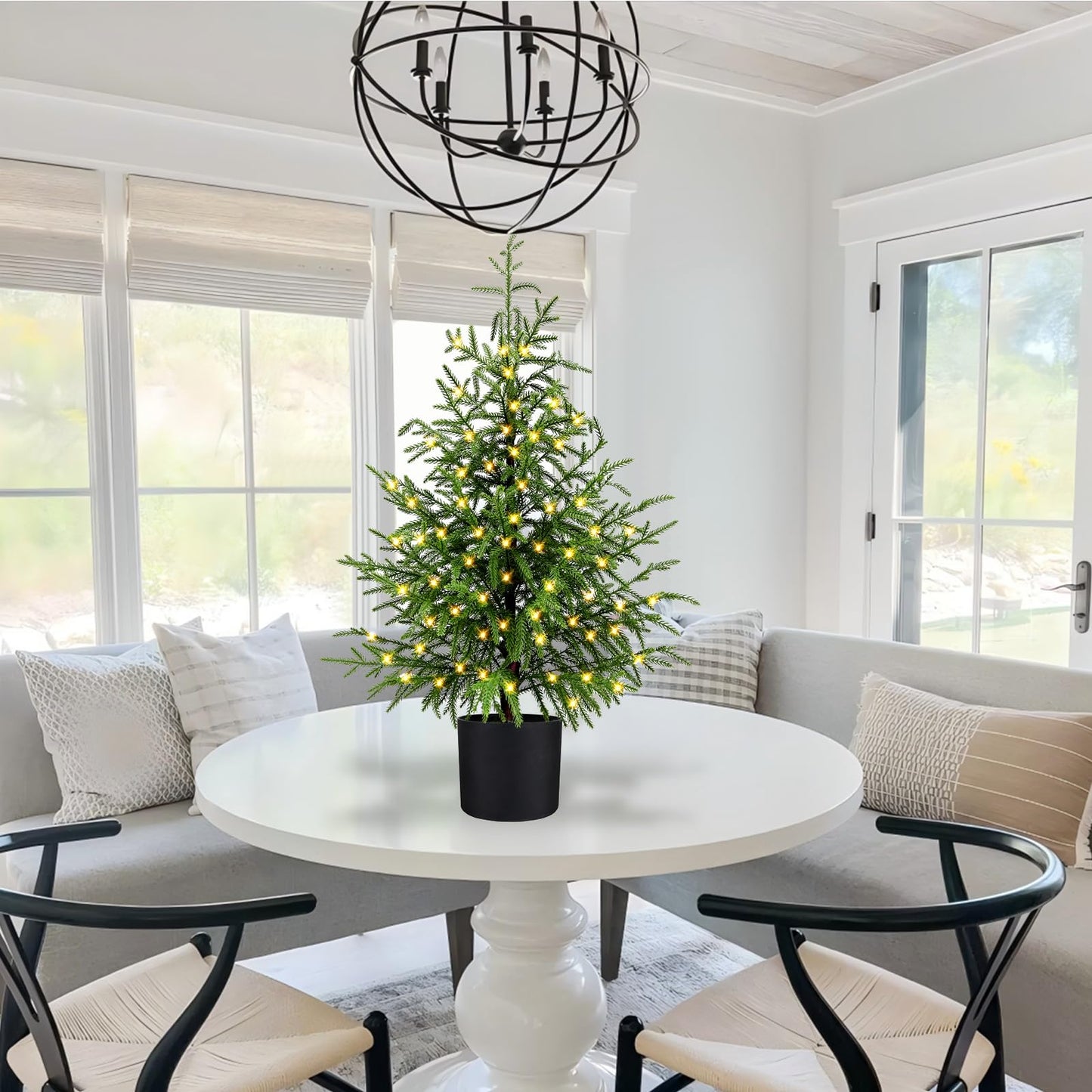 ENVEN PreLit Artificial Norfolk Pine Christmas Tree – Realistic Potted Tree with 70 LED Lights & 8-Mode Battery Box, Pre-Assembled Faux Holiday Decor for Indoor Display (3FT-1Pack)
