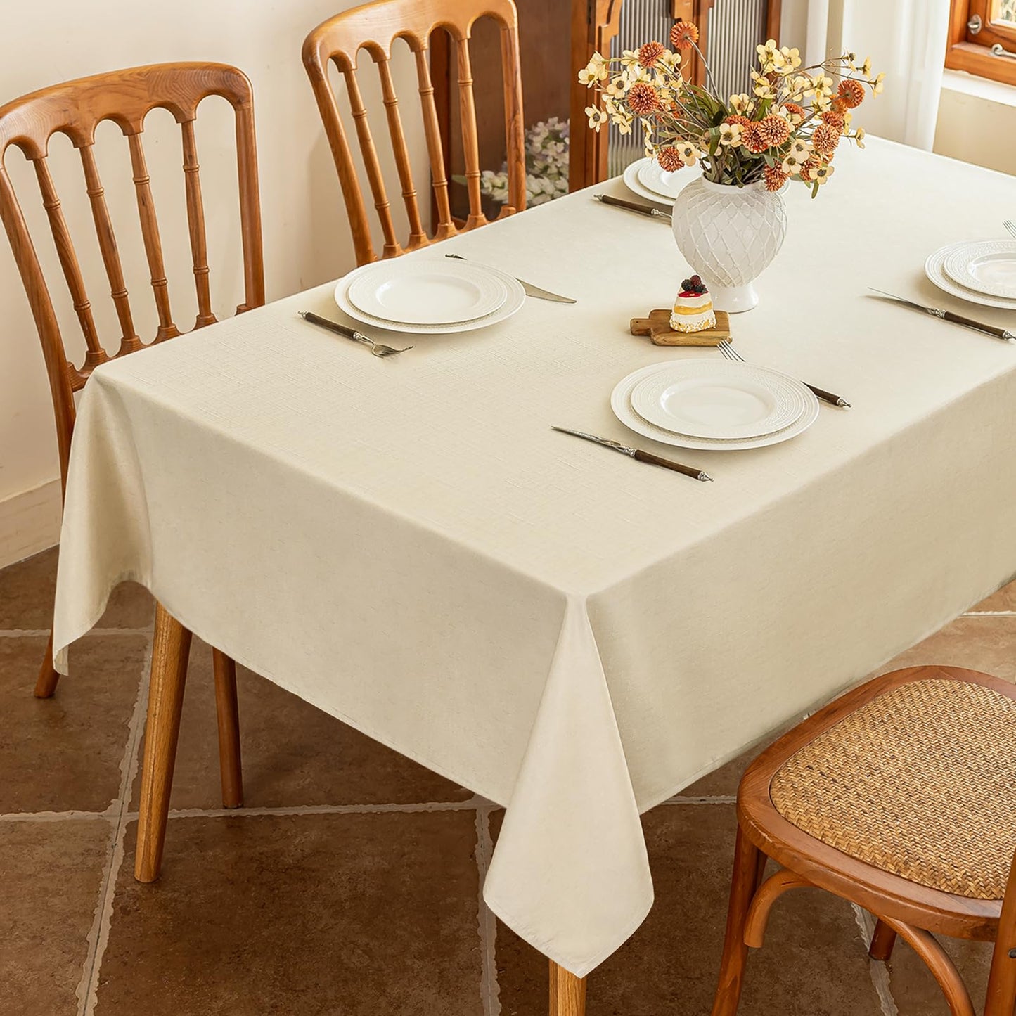 Seenus Wipeable Table Cloth fot 6 Foot Rectangle Tables, Textured Beige Fabric Rectangular Tablecloth for 8-10 Seats Dining Banquet Party, 60 x 102 Inch