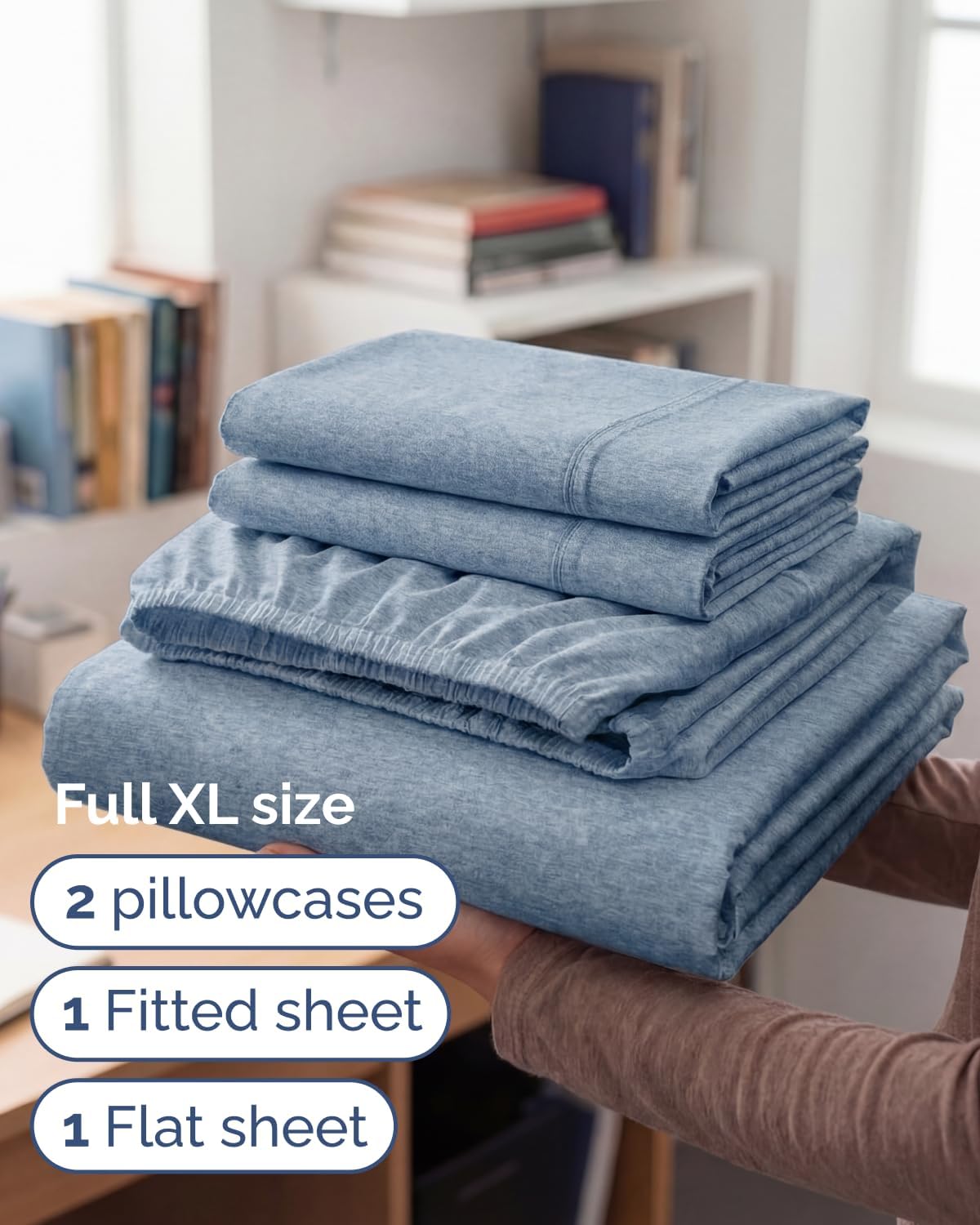 Skiennix Full XL Bed Sheet Set - 4-Piece Soft, Breathable & Cooling Bedding - Deep Pockets, Fade & Wrinkle Free - Heathered Blue