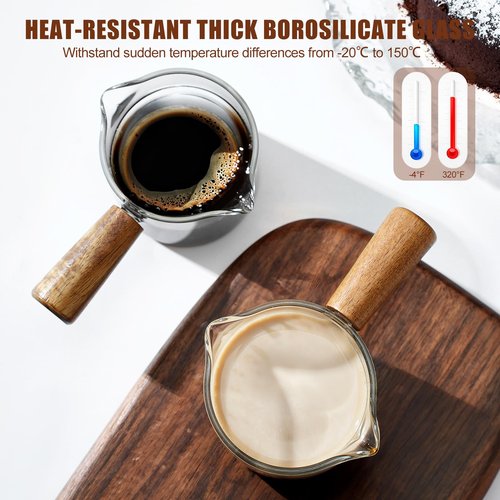 2 Pack Espresso Cups with Wood Handle, 75ML Double Spout Glass Measuring Cup with Dual Scale, Espresso Shot with V-Shaped Mouth, Clear Glass Espresso Accessories, Milk Frothing Pitcher