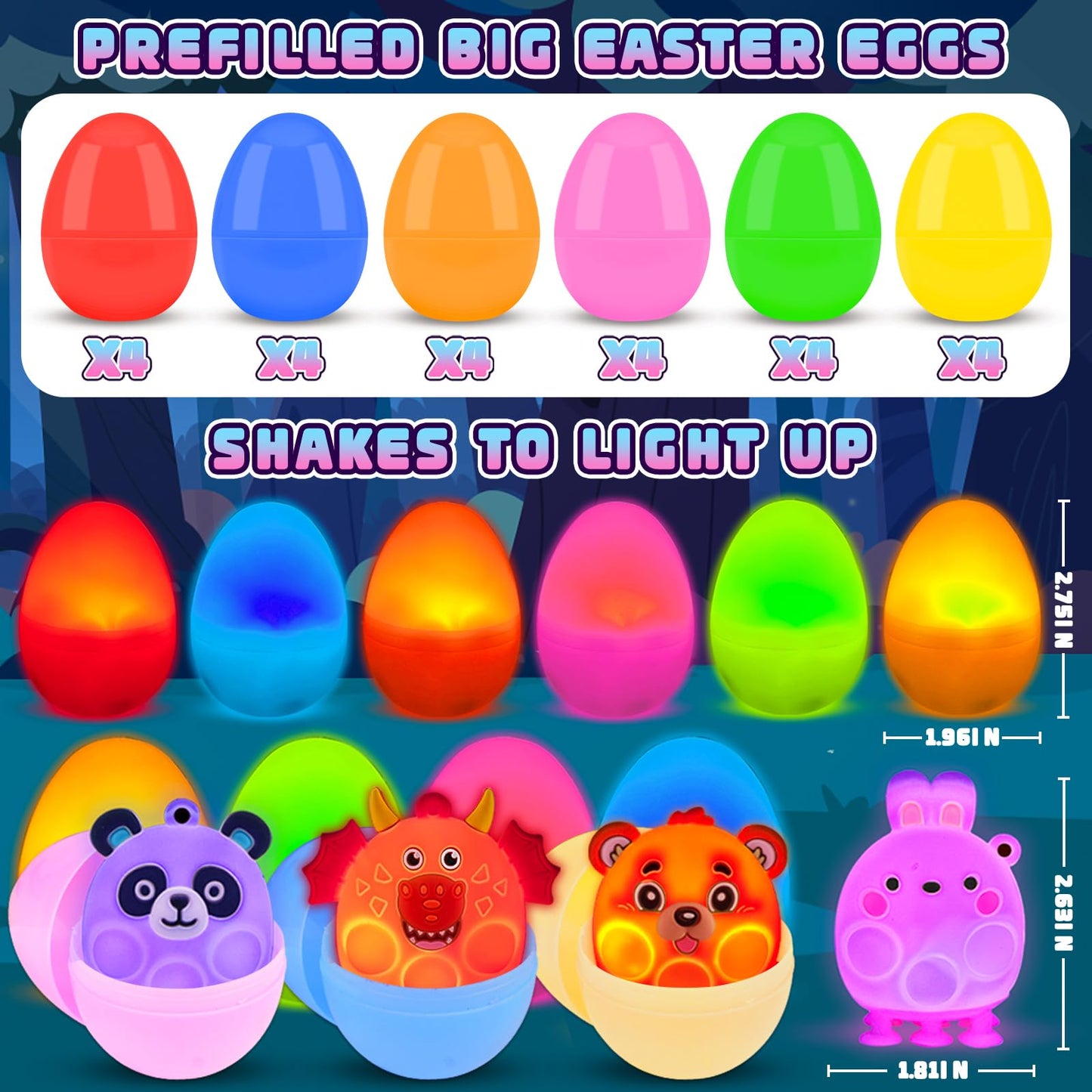 ChildFun Prefilled Easter Eggs with Light Up 3D Animal Pop Toys, 24 Pack Easter Eggs Filled, Easter Basket Stuffers for Toddler Eggs Hunt, Glow in The Dark Easter Egg, Easter Gifts for Kids