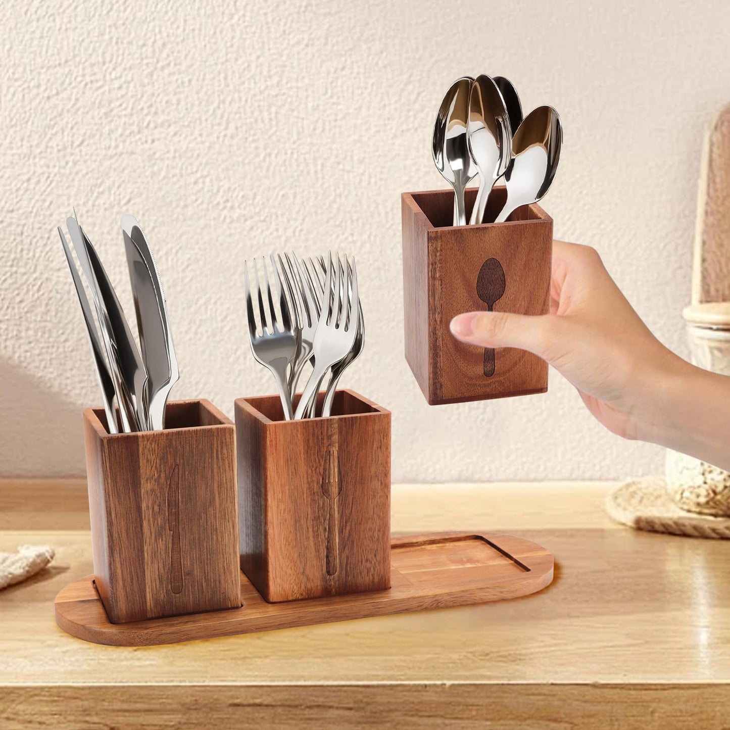 Qivine Acacia Wood Utensil Holder, Wooden Silverware Holder Countertop Utensil Organizer Silverware Organizer with Tray, Kitchen Utensil Organizers for Forks, Spoons, Knives (Acacia)