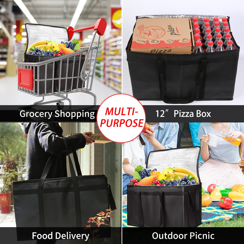 CIVJET Insulated Food Delivery Bag, XXXL Insulated Reusable Grocery Cooler/Hot Bags, Tote Bag for Shopping/Travel, Catering Bag 22x14x13, Black, 3-Pack