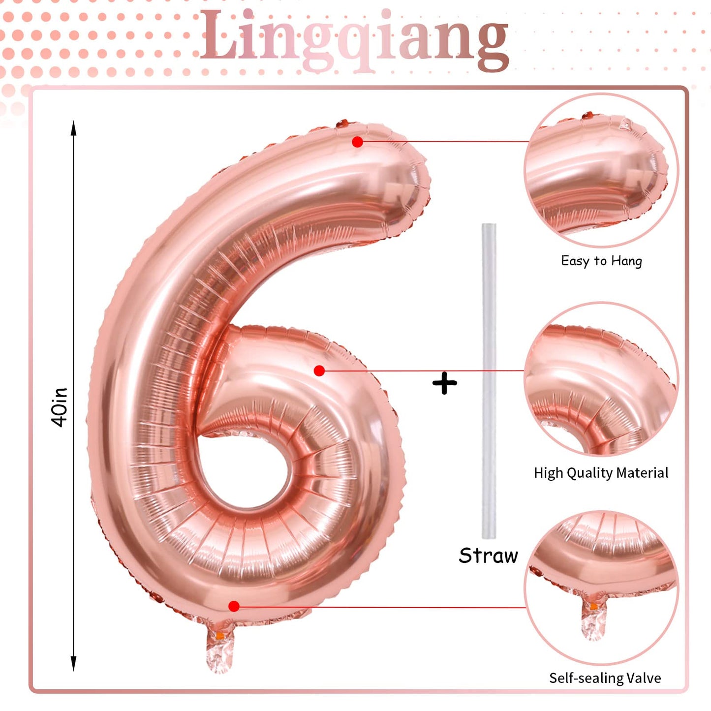 Rose Gold Foil Balloon Number 6, 40'' Giant Self Inflating Number Balloons Set 0-9, Large Number 6 Helium Balloon for Girls Women 6th Birthday Graduation Anniversary Party Decorations Supplies