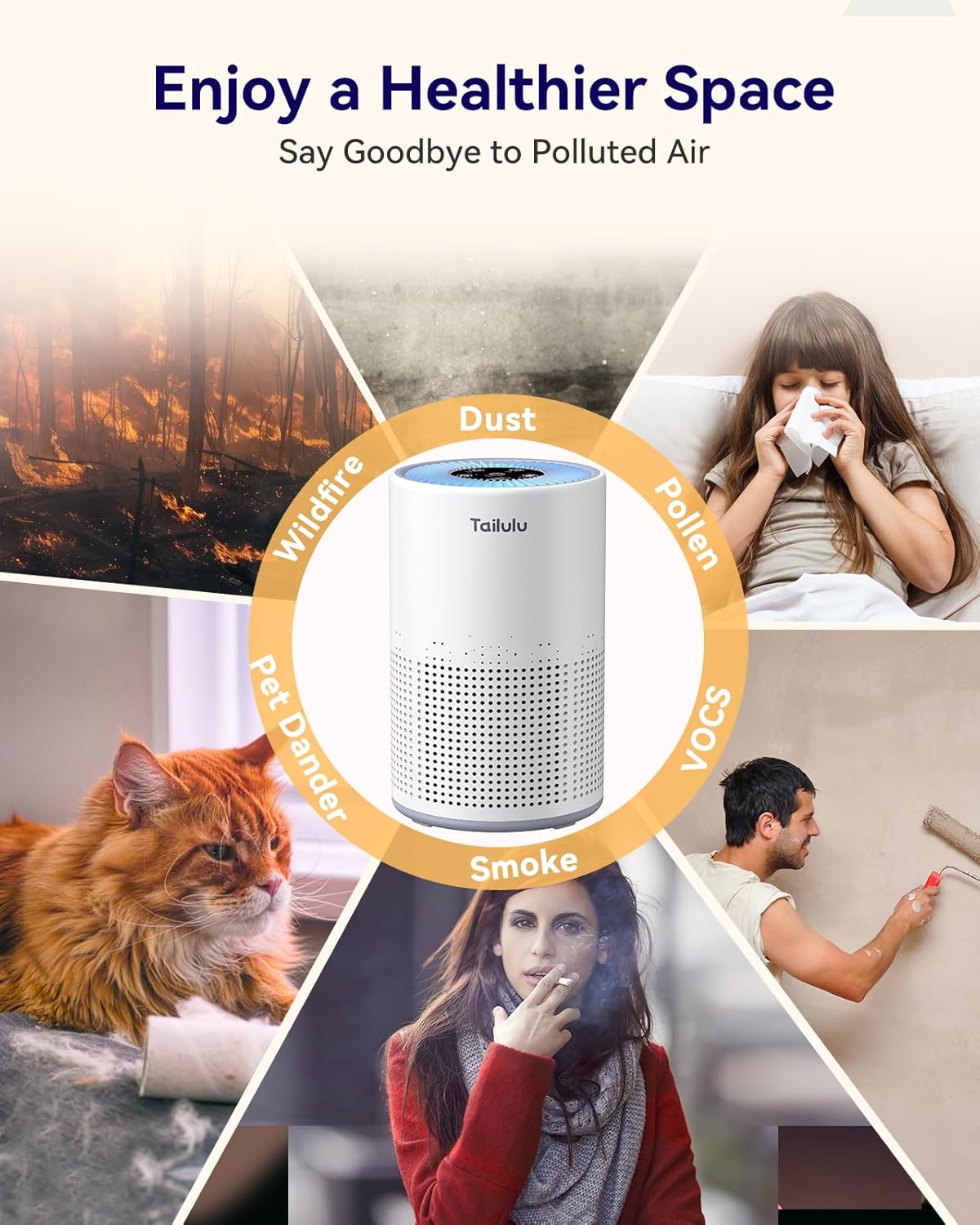 Tailulu H13 True HEPA Air Purifier - Portable 1200 Ft² Odor & Dust Cleaner with 12dB Sleep Mode & Timer