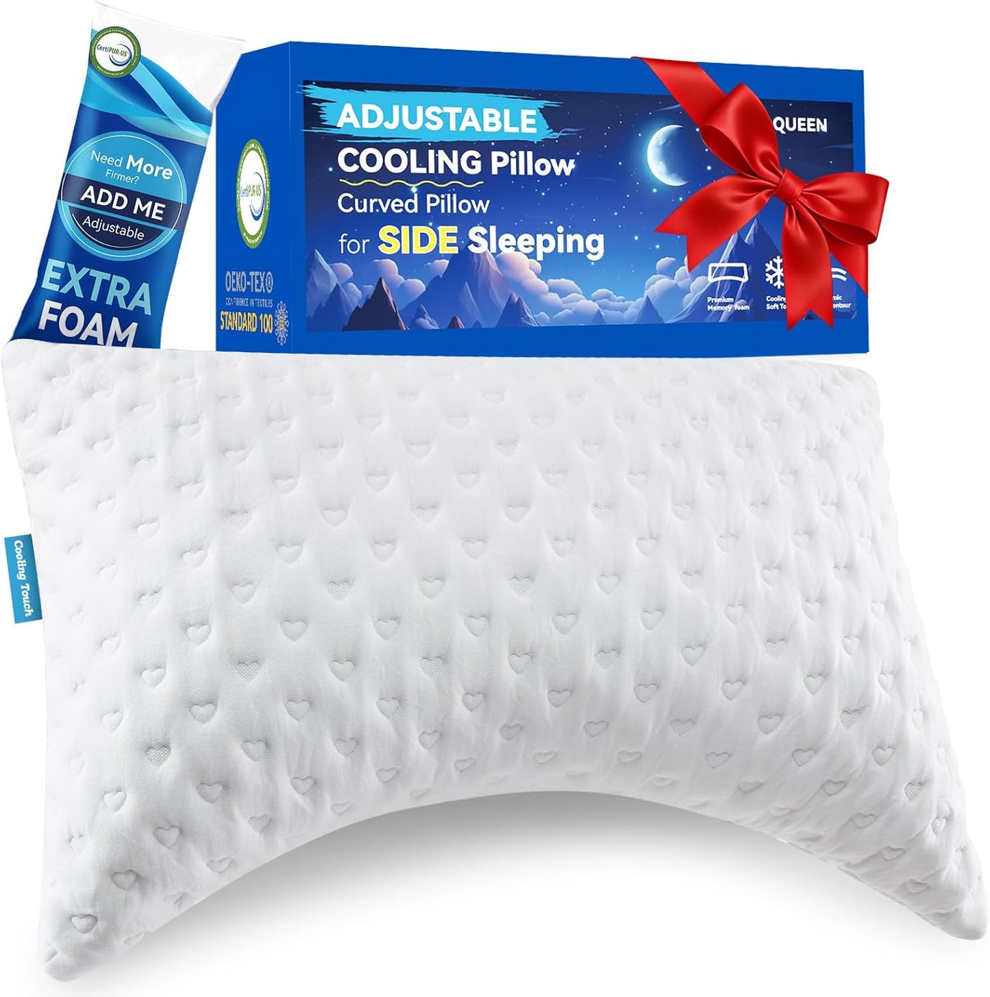 Skiennix Side Sleeper Pillow - Ergonomic Curved Design with Adjustable Memory Foam & Cooling Cover, Queen Size