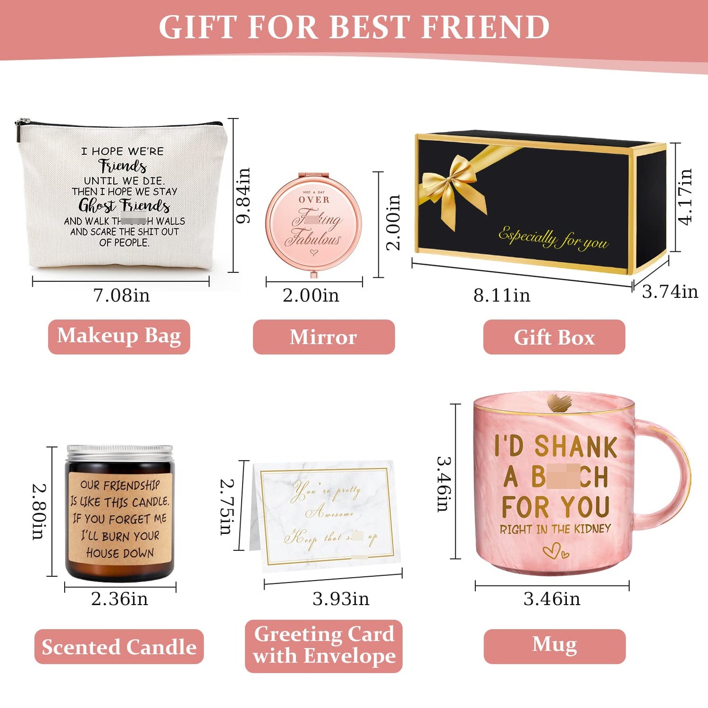 YENCHORN Best Friend Birthday Gifts for Women Friendship Gifts for Women Funny Best Friend Gift for Woman Bestie Gift for Woman Bff Bestfriend, Coffee Mug Makeup Bag Mirror Card